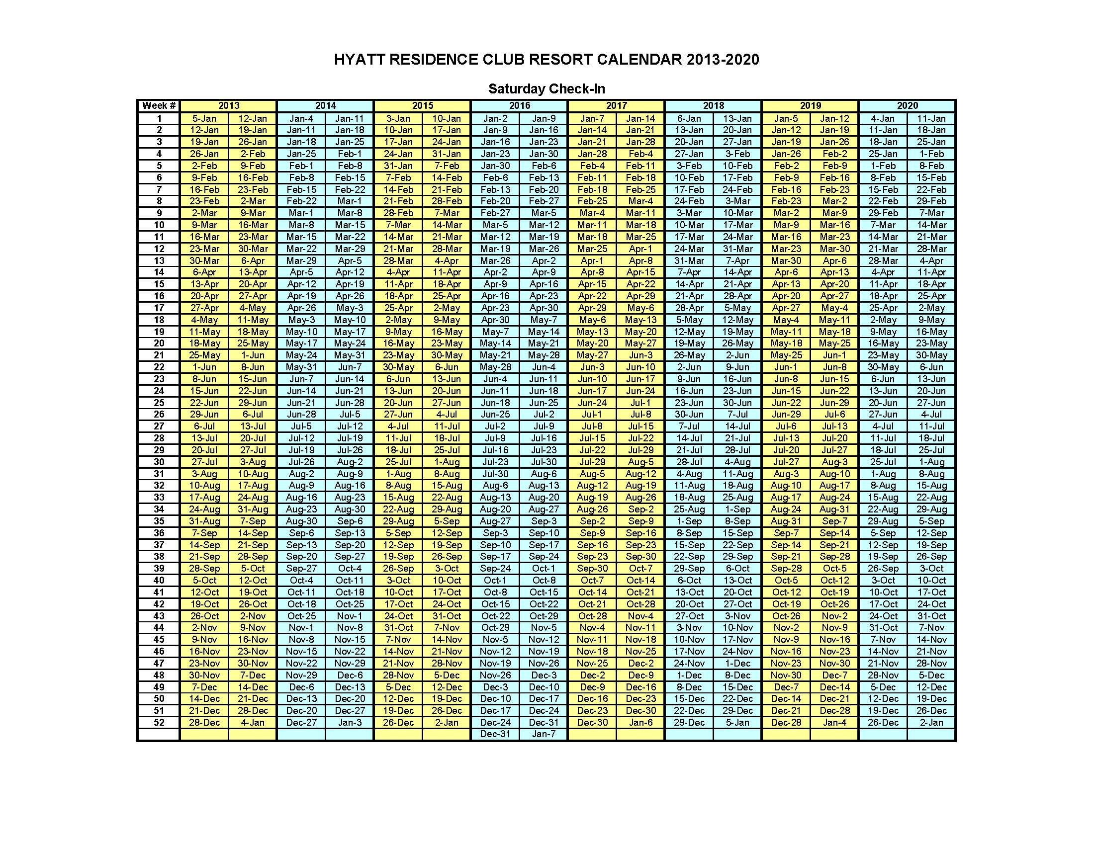 Hyatt Residence Club Resort Calendar 2013 2020 